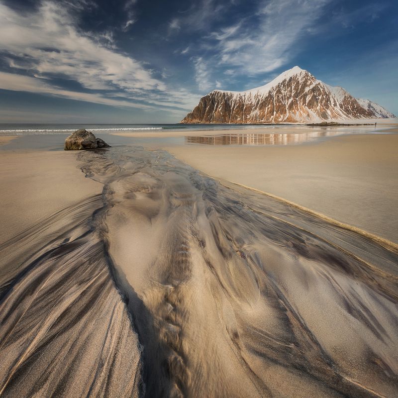 beach, sand, sea, sky, mountains, Lofoten, Norway, Flakstad, Flakstad beach фото превью