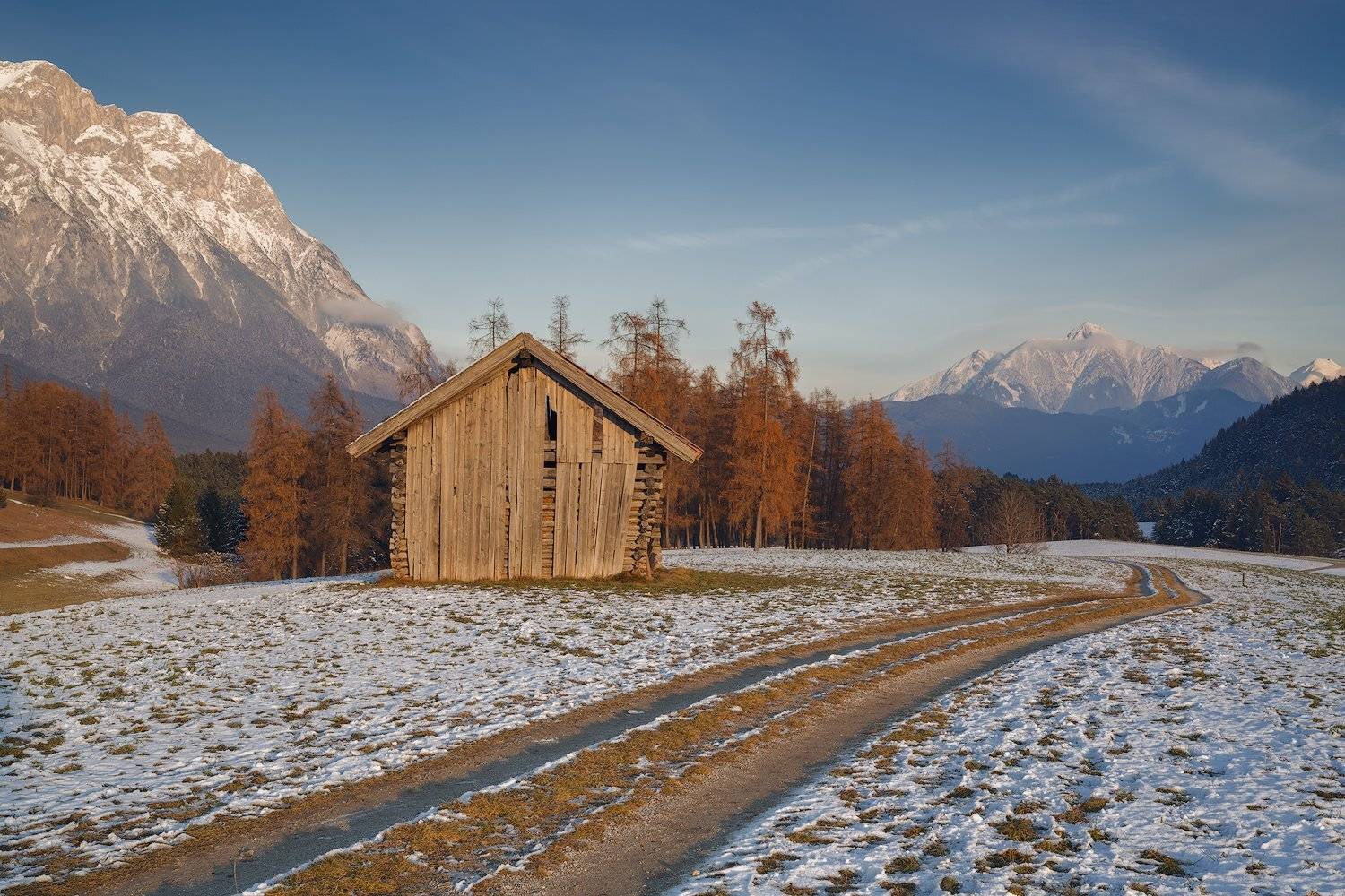 acres, agicutural building, agriculture, alps, austria, austrian alps, barn, blue, blue sky, clouds, evening, evening glow, farmhouse, fog, foggy, forest, gravel road, hey barn, hill, hills, hovel, hut, landscape, larch trees, larches, log cabin, meadows,, Ludwig Riml