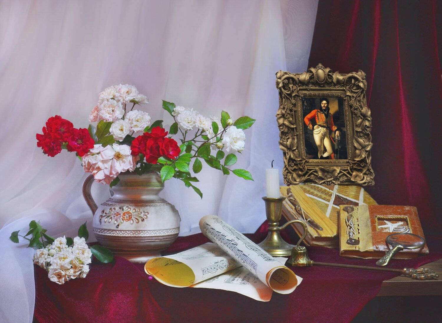 still life,натюрморт, август, копия портрета кипренского, лето, масло, настроение, ноты, подсвечник, портрет, портрет лейб-гусарского полковника е. в. давыдова, розы, романс, свеча, старые альбомы, стихи марины цветаевой, цветы, Колова Валентина