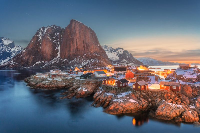 Norway, Lofoten, Hamnøy, sunrise, night,  Hamnøy, Norway фото превью