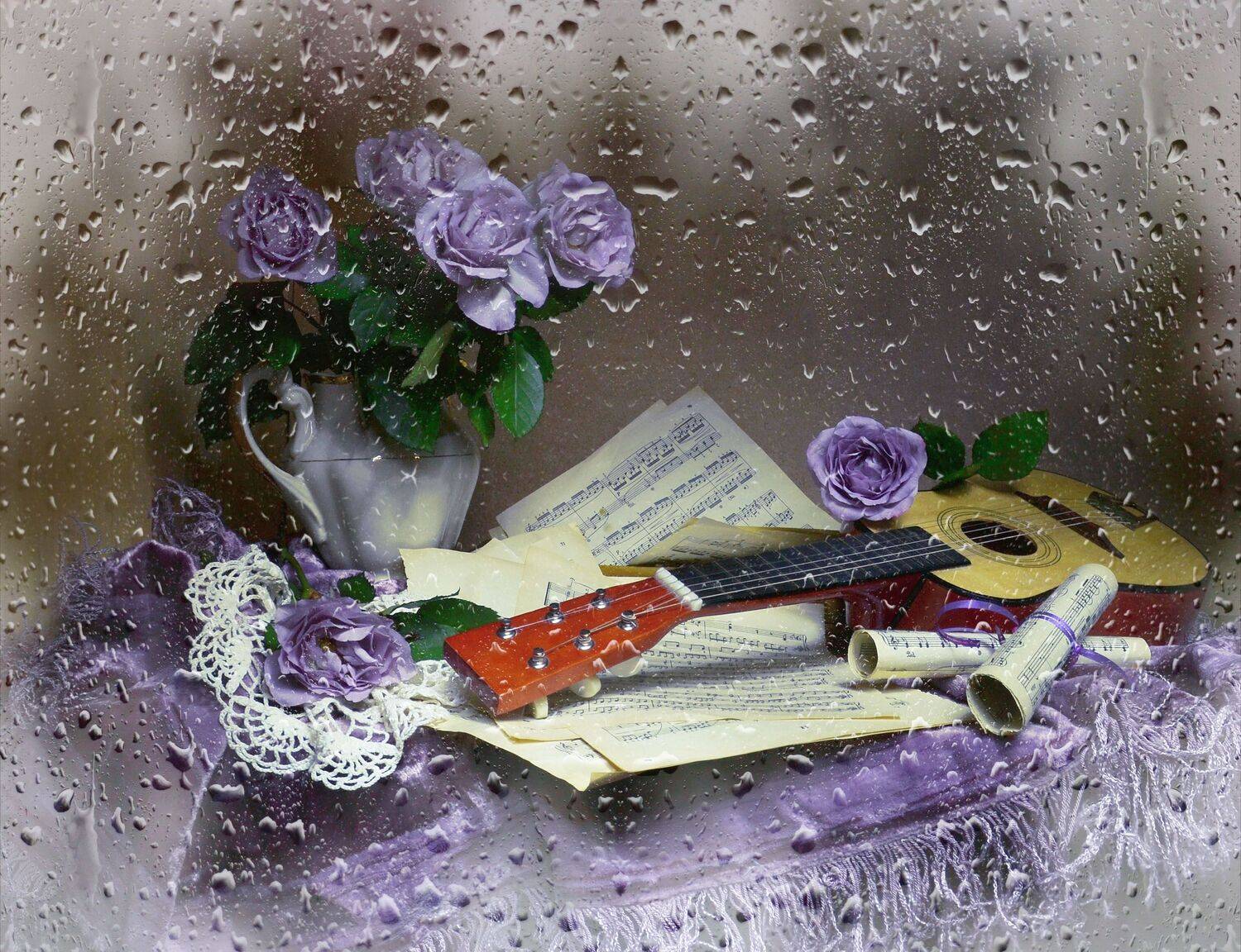 still life,натюрморт, весна, гитара, март, мокрое стекло, ноты, пока не цветёт сирень, розы, световая кисть, фото натюрморт, цветы, Колова Валентина