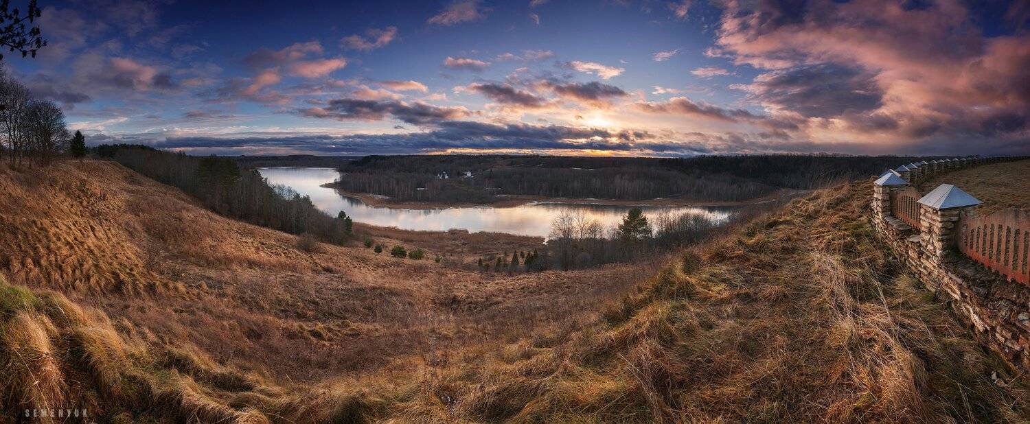 панорама, псковская область, мальская долина, закат, зима, облака, река., Семенюк Василий