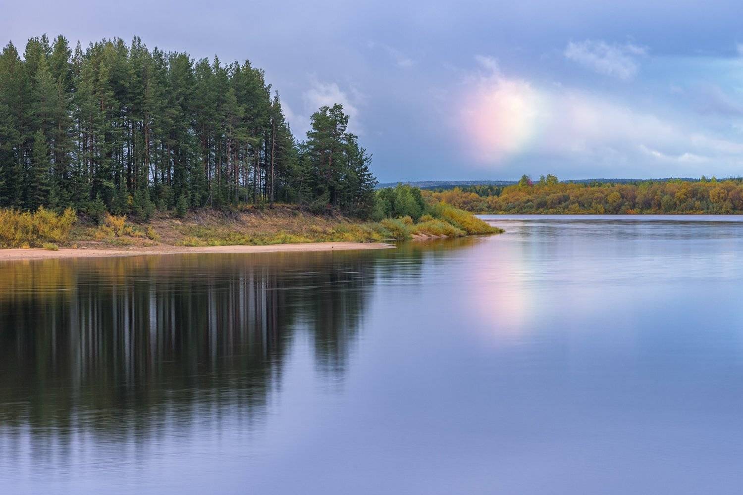 вечер осень река пинега лес деревья вода облако, Ра Вера