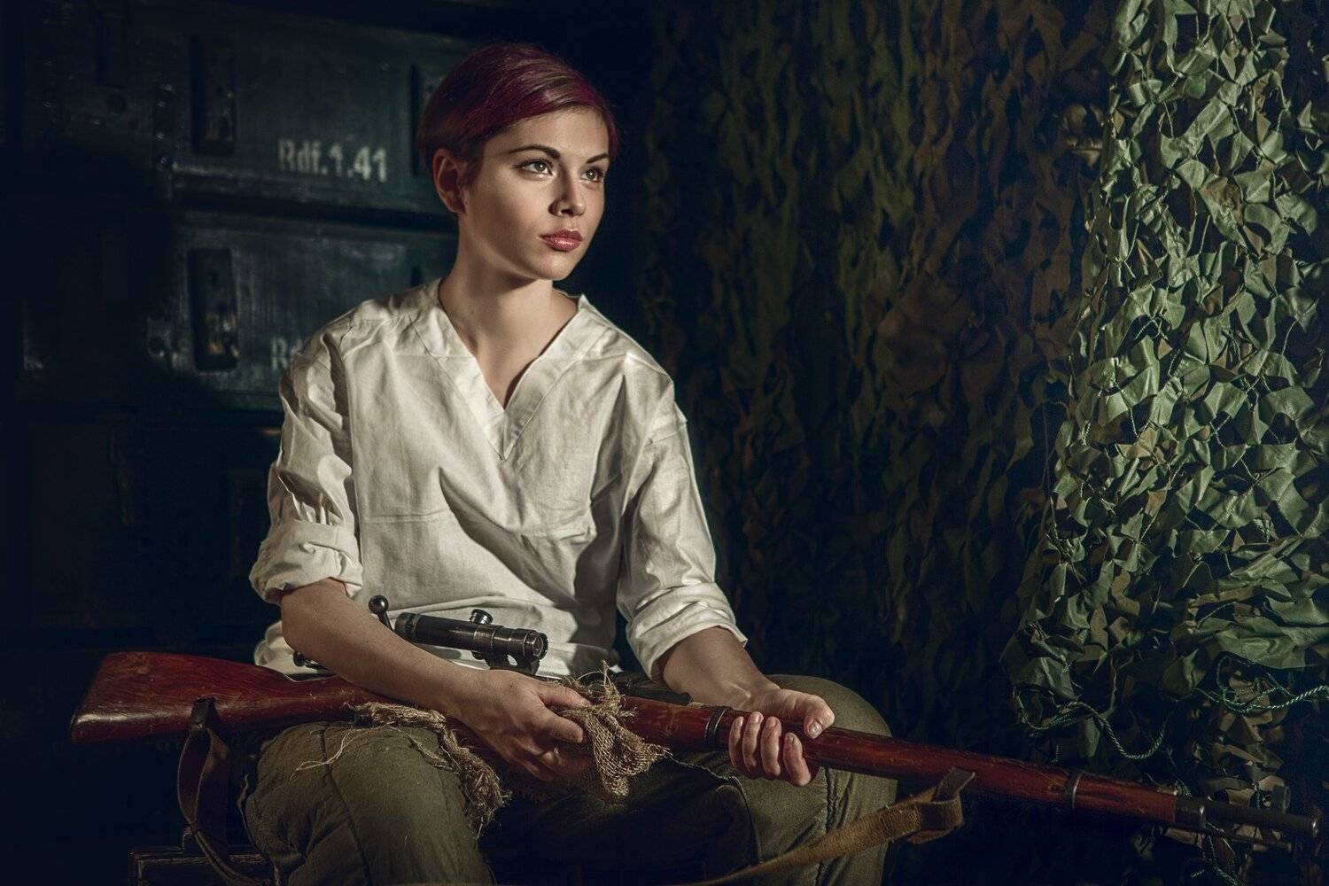 снайпер, девушка, война, винтовка, блиндаж, Сергей Рехов