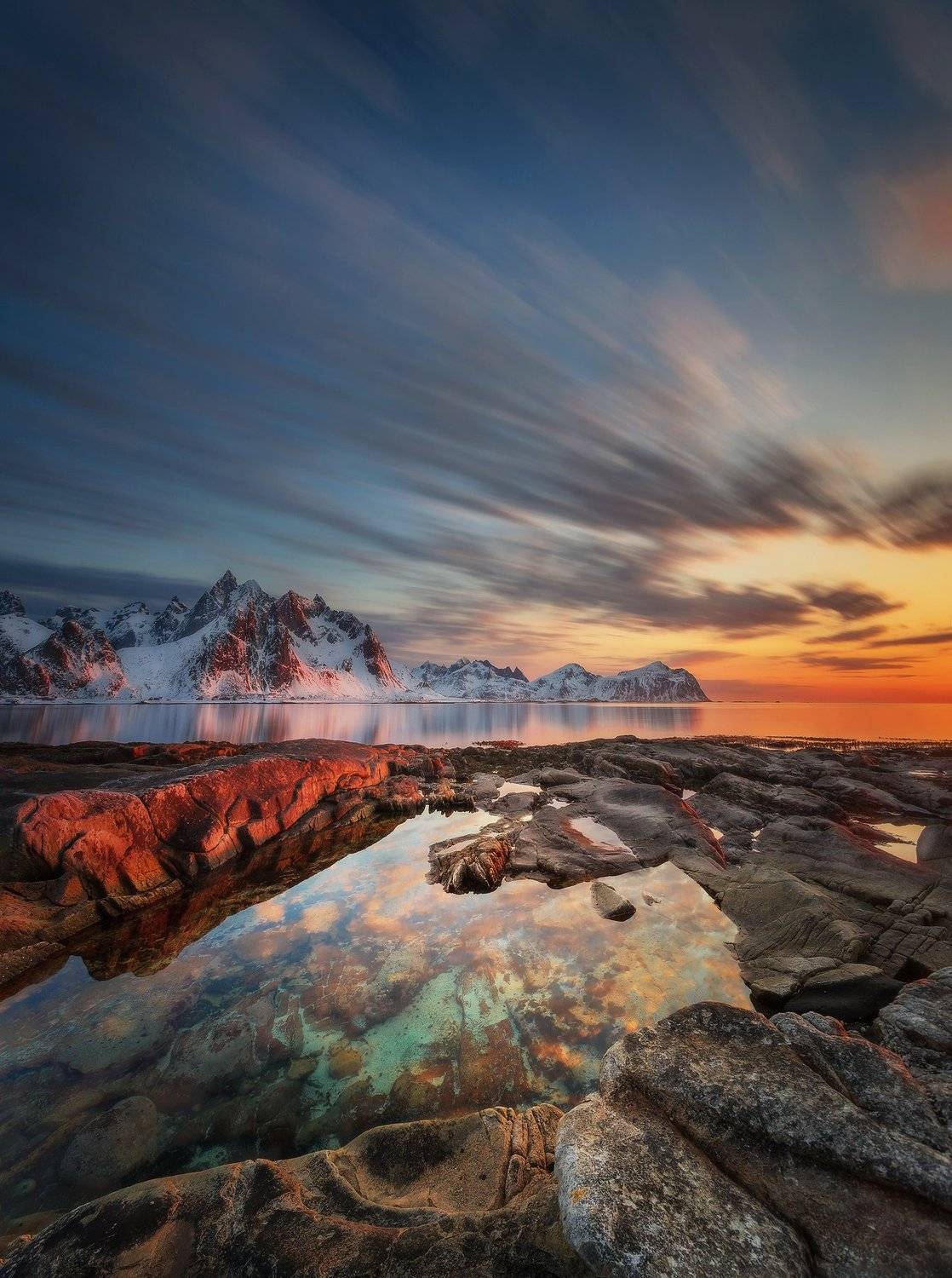 beach, sunset, Norway, Lofoten, sunrise, long exposure, mountains, sea, clouds, stones, , Patrycja Towarek