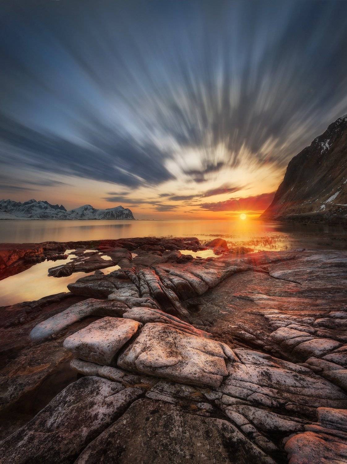 beach, sunset, Norway, Lofoten, sunrise, long exposure, mountains, sea, clouds, stones,, Patrycja Towarek