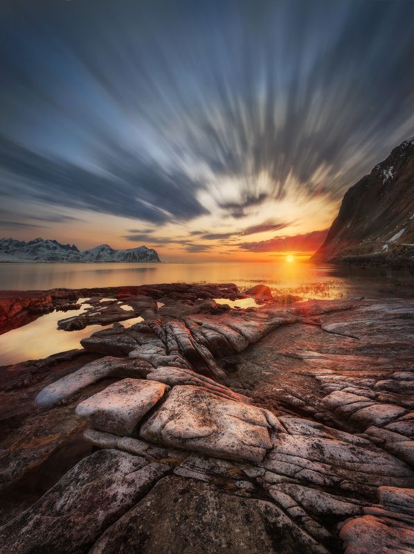 beach, sunset, Norway, Lofoten, sunrise, long exposure, mountains, sea, clouds, stones, Sunset фото превью