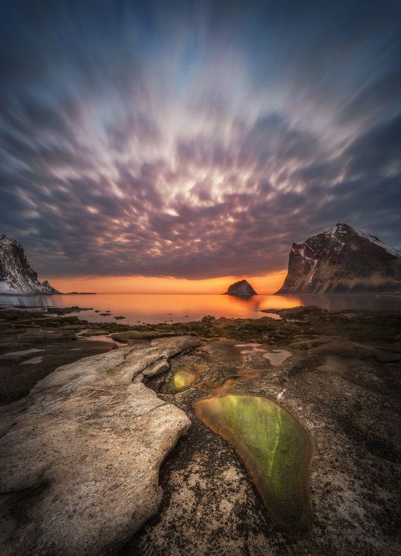 beach, sunset, sunrise, Norway, Lofoten, long exposure, mountains, sea, clouds, stones, Sunset  фото превью