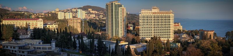 россия, сочи, вечер, горы, море, панорама вечерний Сочи фото превью
