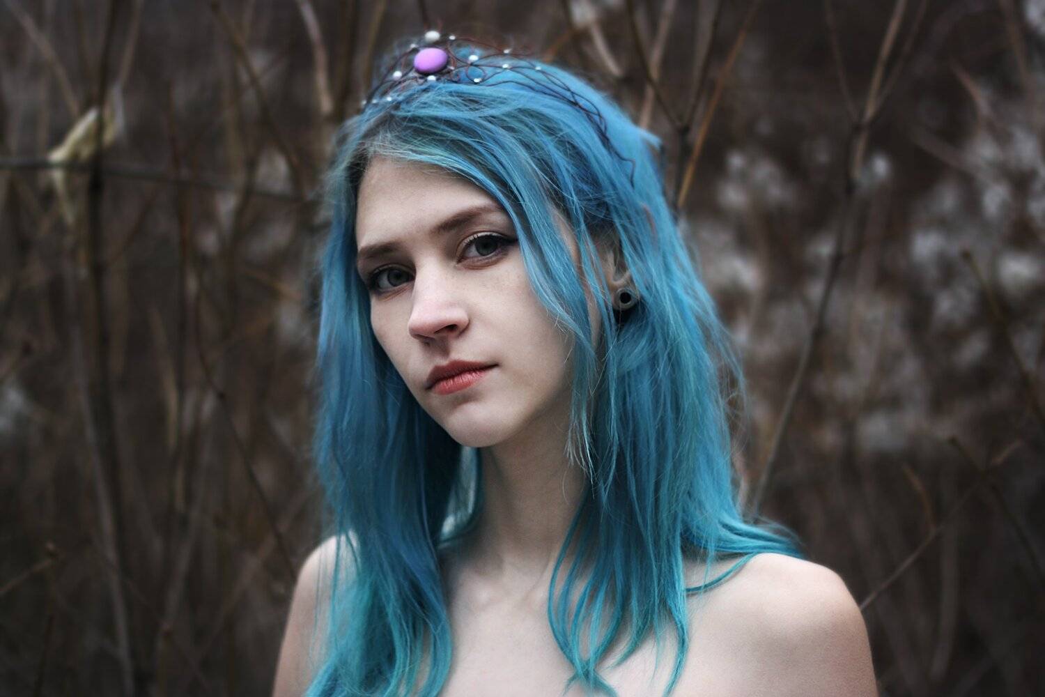 girl, model, bluehair, forest, beautiful, jewerly, Лилия Беда