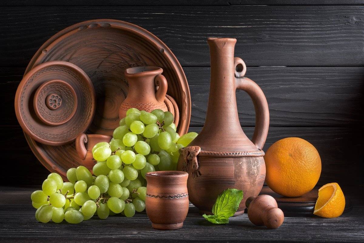 виноград, апельсин, керамическая посуда, мята, витамины, вечер, треугольная композиция, Tom Fincher