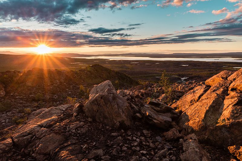 горы,солнце,озеро,вершина,заполярье,лето, Заполярная полночь фото превью