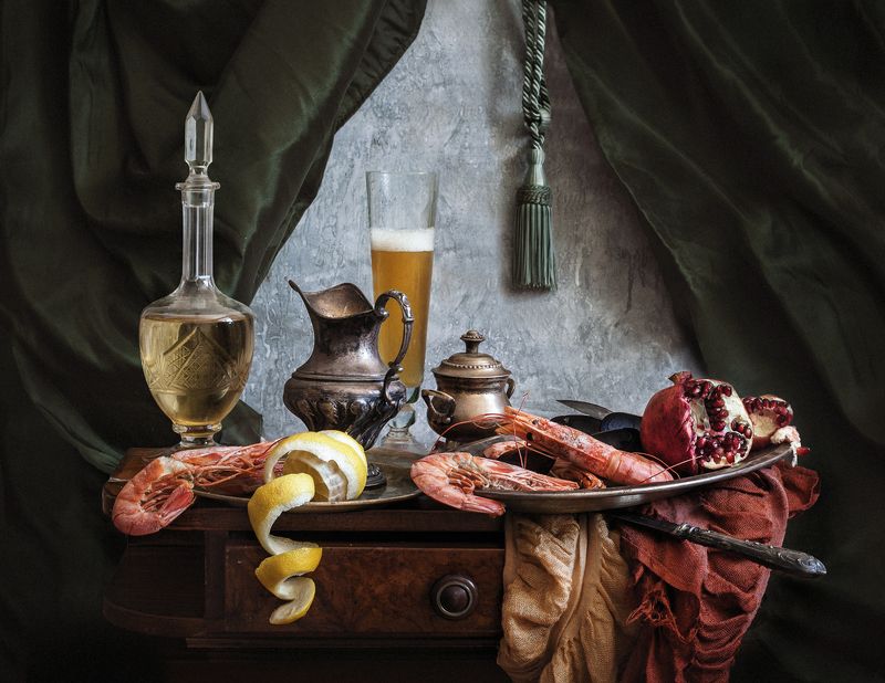 натюрморт, still life, орехи, гранат, евгений корниенко,evgeny kornienko, картина, stilleven Натюрморт с креветками фото превью
