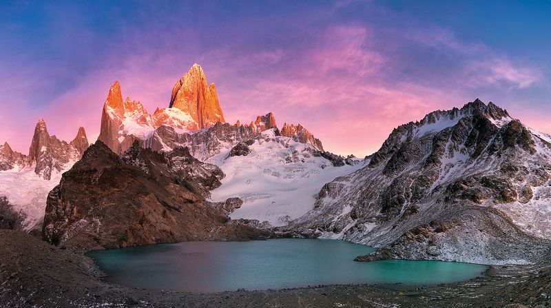 lake landscape mountain hill sunrise Mount Fitzroy at dawn... фото превью