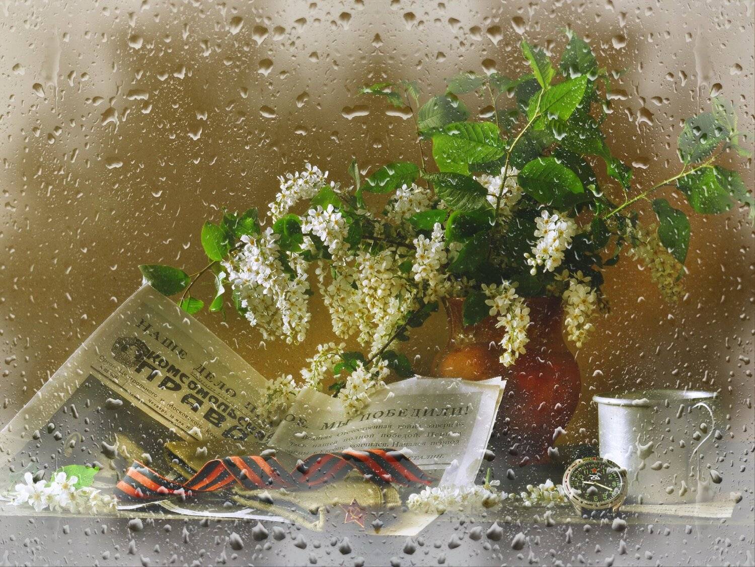 still life,натюрморт,  весна, день победы, май, открытка, пилотка, поздравление, световая кисть, черёмуха, газета 10 мая 1945 года, Колова Валентина