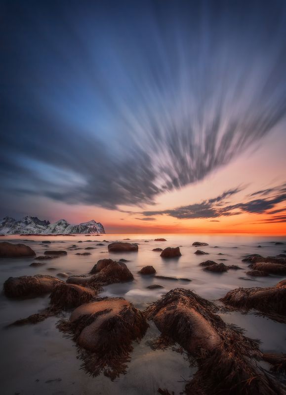 beach, sunset, Norway, Lofoten, sunrise, long exposure, mountains, sea, clouds, stones,  Sunset on Lofoten фото превью