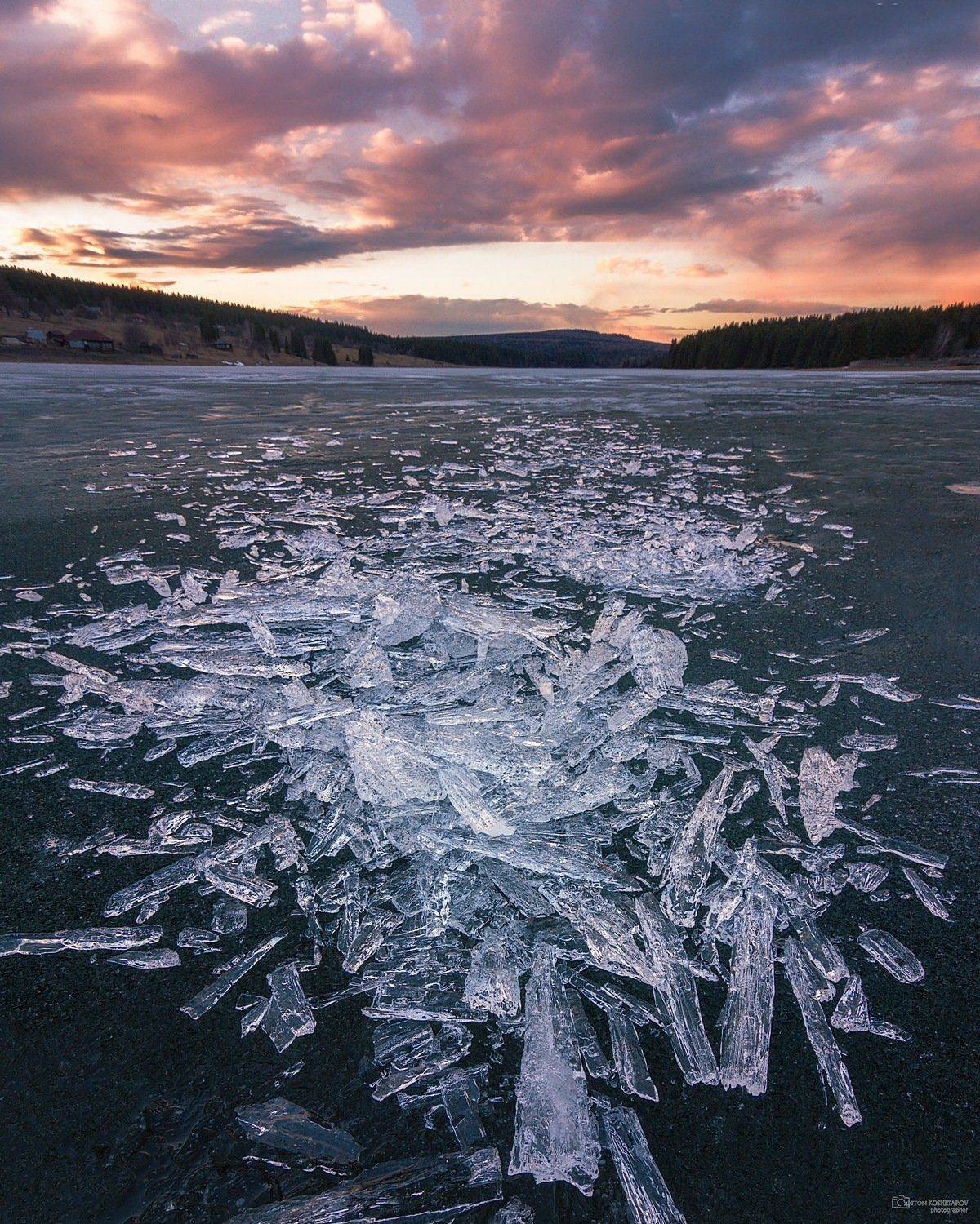 пруд, лёд, весна,закат,небо,лес,холмы,кристаллы,урал, Антон Кошетаров