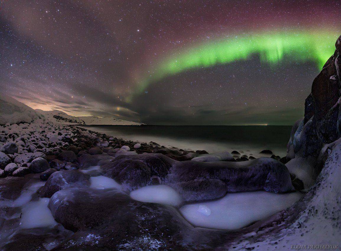 северный ледовитый океан,баренцево море, териберка,северное сияние, зима,лед, снег,побережье,ночь,звезды,сияние,северное,океан,кольский, кольский полуостров, море,горы,облака,длинная выдержка,пейзаж,природа,россия,панорама, Elena Pakhalyuk