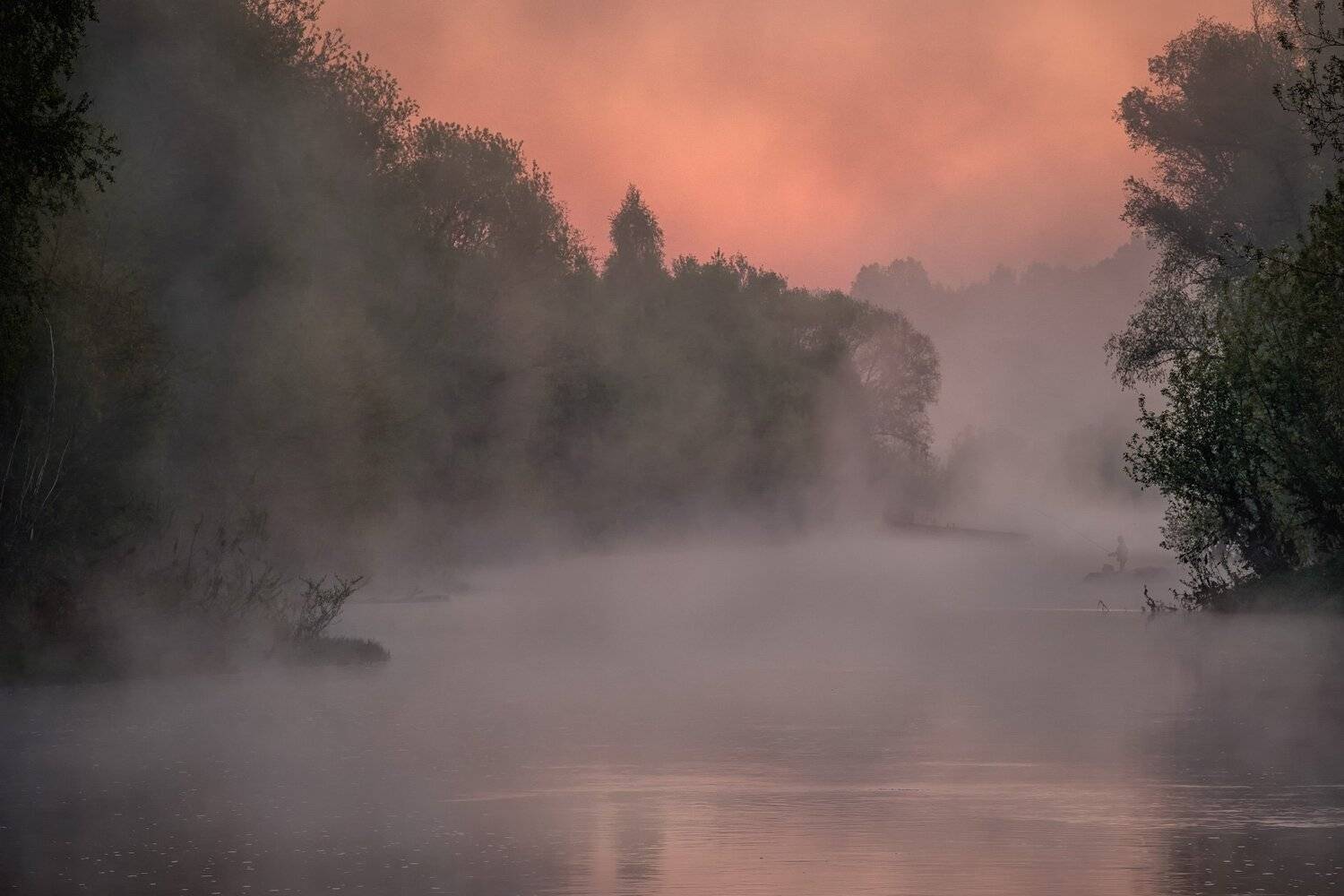 пейзаж, природа, река, осетр, утро, рассвет, туман, рыбак, Андрей Чиж