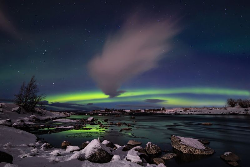 полярное,северное,сияние,ночь,зима,река, Изумрудный горизонт фото превью