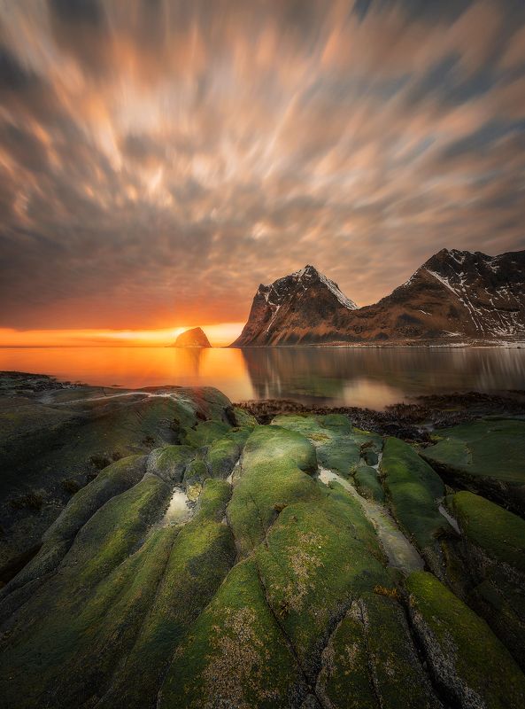 sunset, Lofoten, Norway, beach, sea, clouds, long exposure, landscape, mountains,  Sunset фото превью