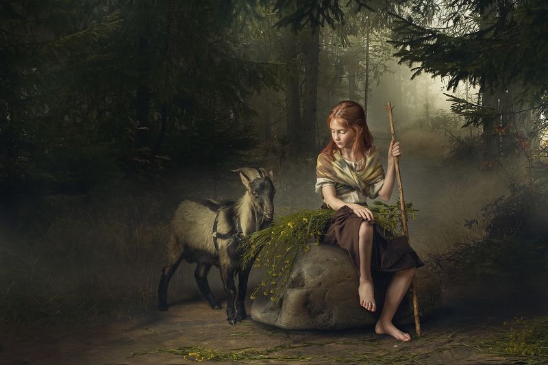 Girl with goat&flowers фото превью