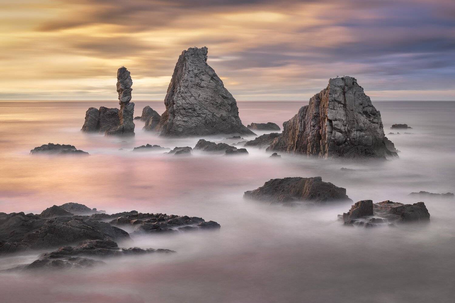 asturias, atlantic, bay, beach, beautiful, blue, cliff, clouds, coast, coastline, cudillero, dramatic, dusk, europe, evening, fingers, foam, formation, illuminated, landmark, landscape, marina, natural, nature, ocean, playa, rocks, rough, santa, scenic, s, Andrey Omelyanchuk