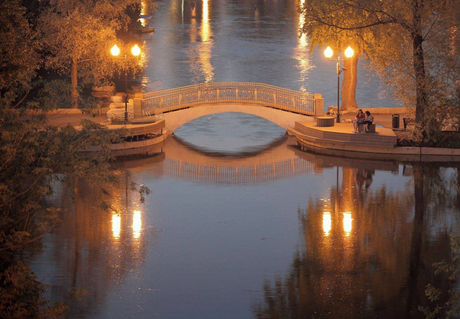 вечер, парк, фонари, пруд, отражения, Виктор Климкин