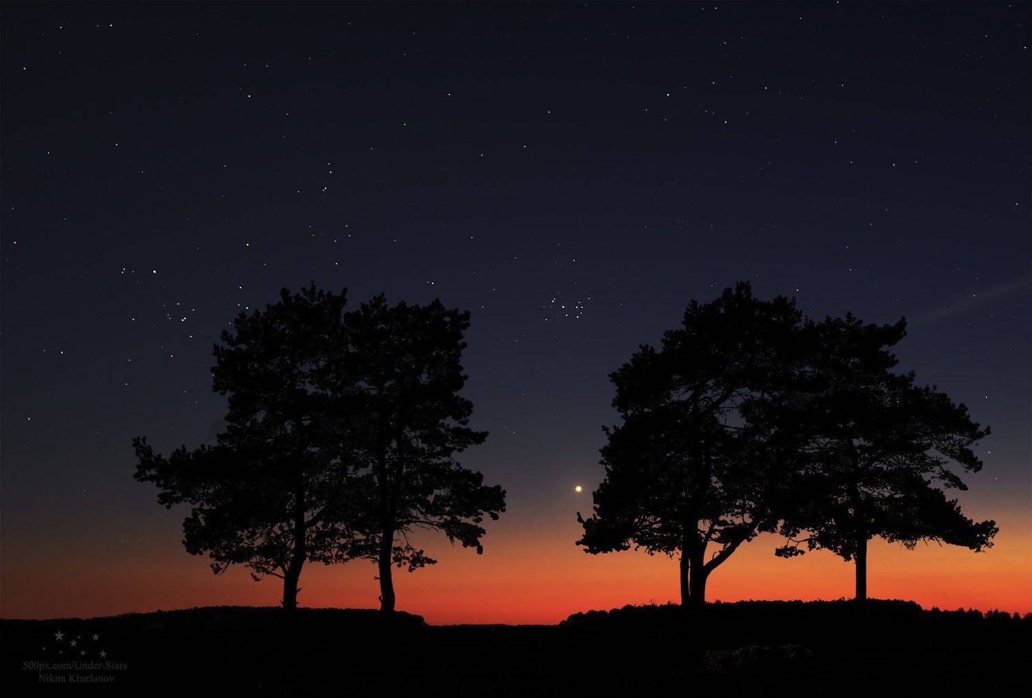 астрофото, ночь, звезды, Венера, Плеяды, закат, деревья, силуэты , Харланов Никита