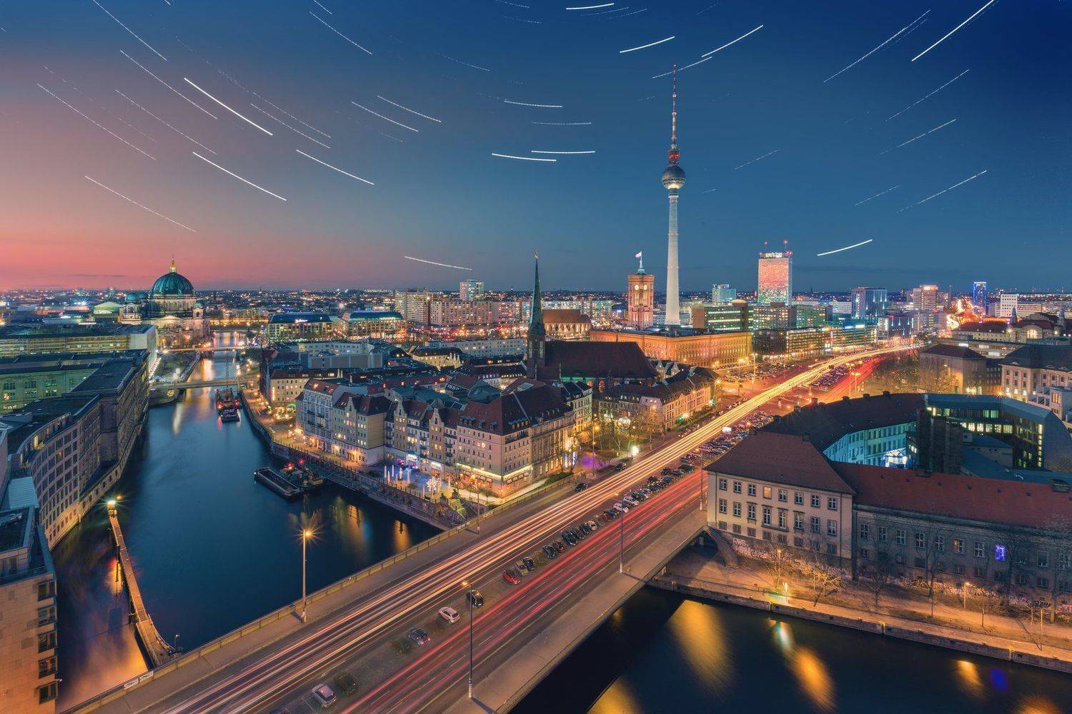 берлин, город, ночь, сумерки, улица, движение, небо, треки, германия, достопримечательности, свет, Алексей Чумаков