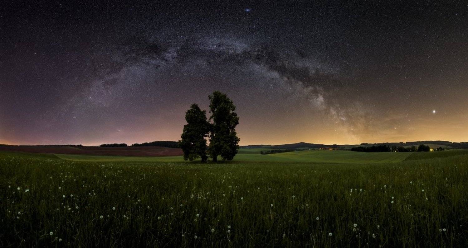 panorama, milkyway, stars, tree, blue, galaxy, landscape, night, Jakub M&uuml;ller
