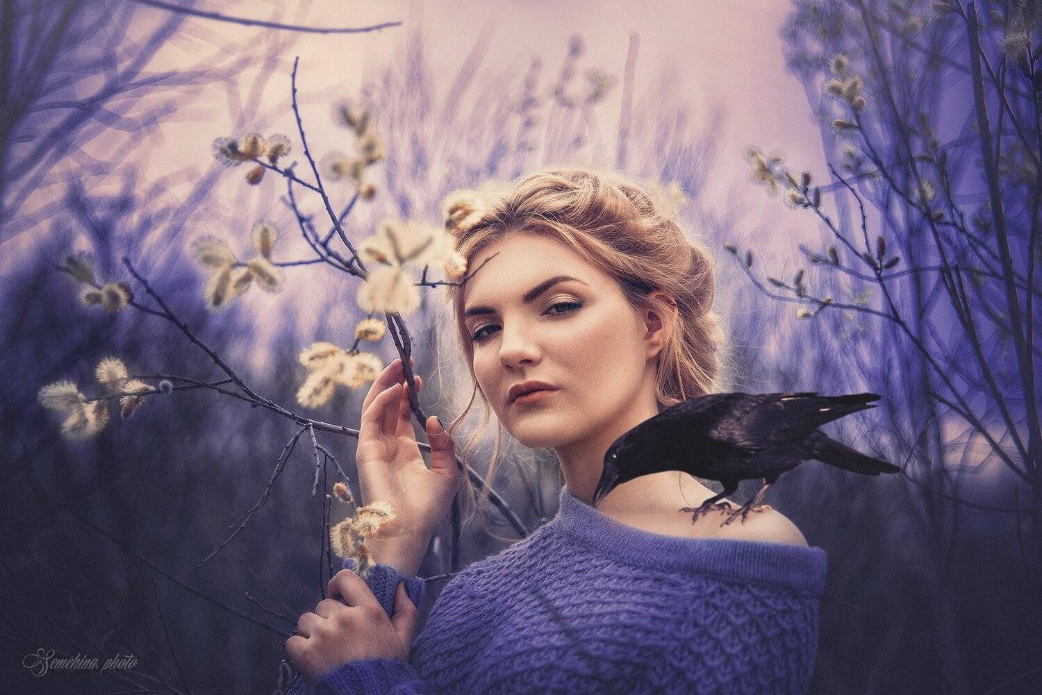 девушка, ворон, птица, верба, весна, драма, girl, drama, bird, spring, Марина Семёхина