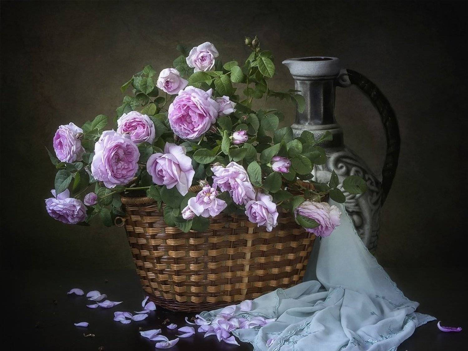 натюрморт, цветы, лето, садовые, розовые розы, корзина, Ирина Приходько