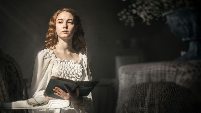 sun, morning, fog, haze, smoke, sunlight, studio, redhair, portrait, young, girl, cinema, breakfast, tea, window, dress, lazy, early, color, cinema Lazy sunny morning фото превью