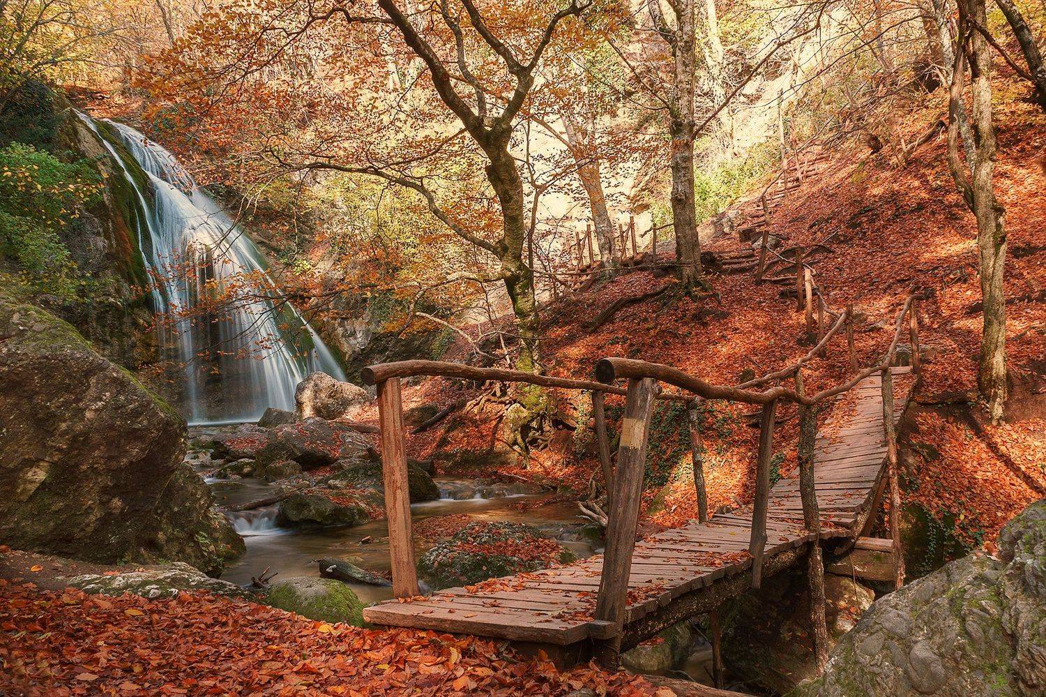 природа, пейзаж, водопад, Джур-Джур, Россия, Крым, осень, мост, камни, Лариса Николаевна