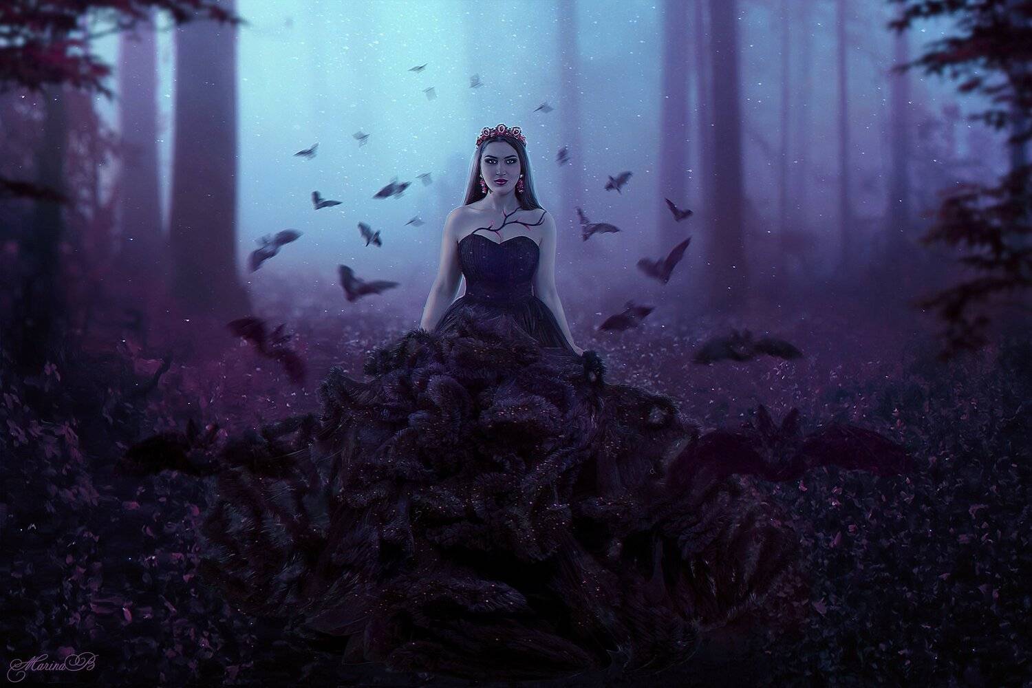 ночь, лес, тьма, королева, летучие мыши, волшебство, Marina Baccardi