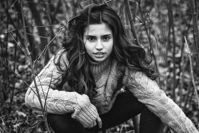 портрет, модель, девочка, черно-белое, осень Ксения фото превью