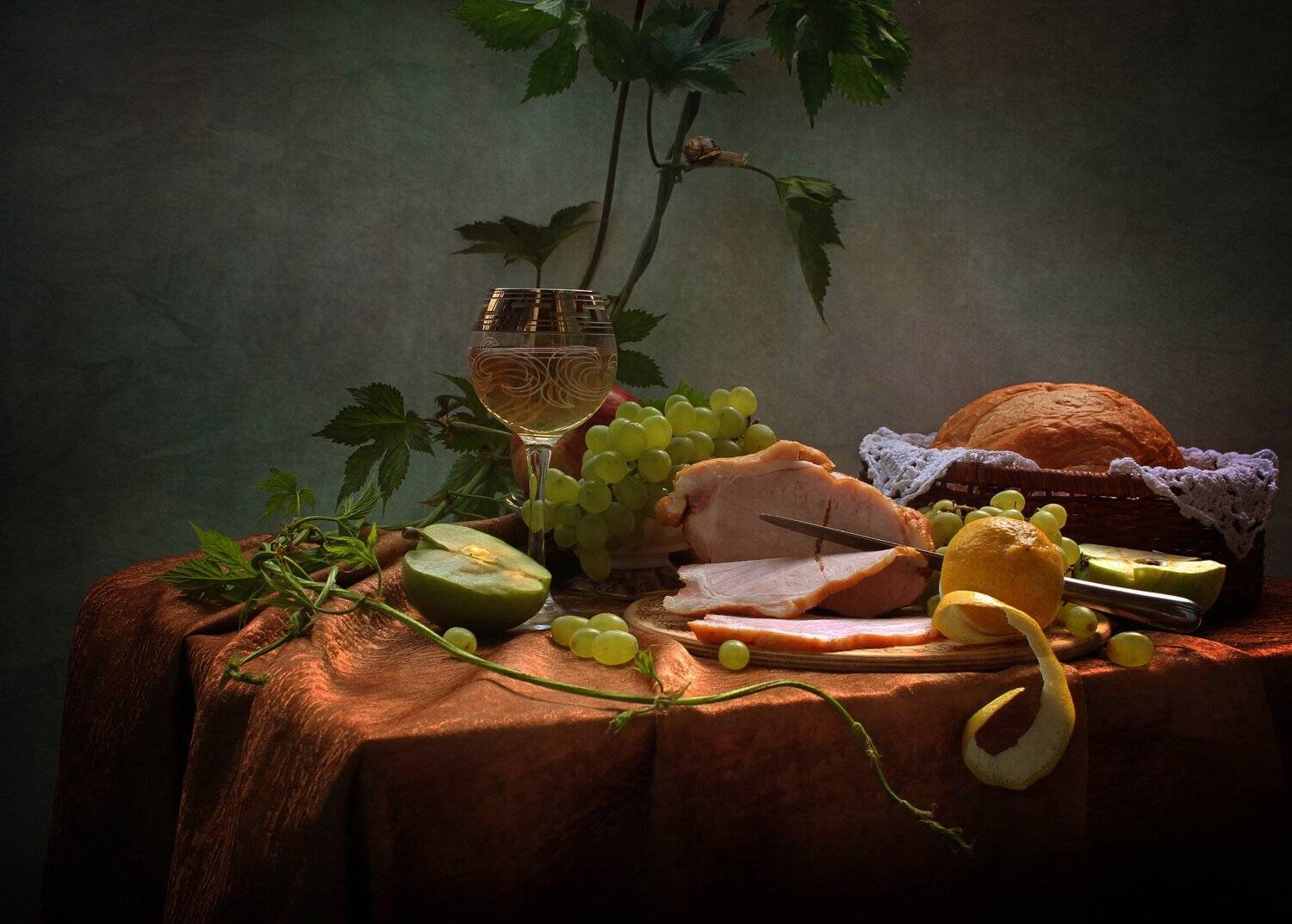 натюрморт, вечер, лоза, вино, карбонат, виноград, фрукты, Ковалева Светлана