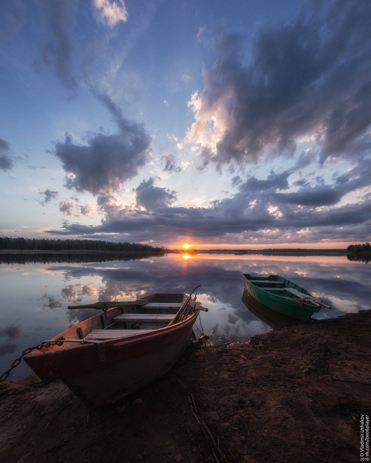 вечер, закат, солнце, берег, залив, кондас, лодки, пермский край, Владимир Ушаков