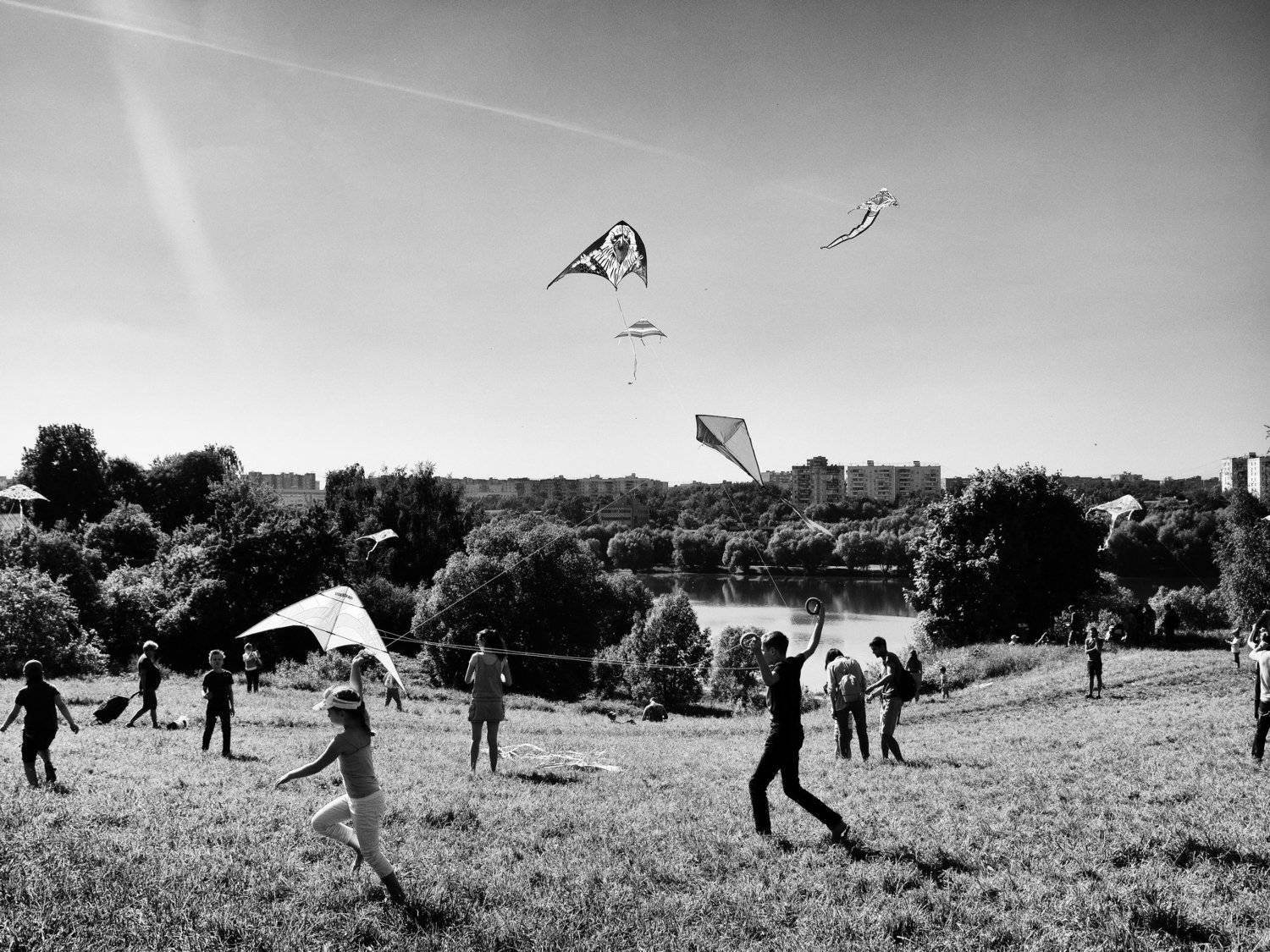 Moscow, Russia, Black and white, Monochrome, Kite, Pond, Summer, Children, Elena Beregatnova