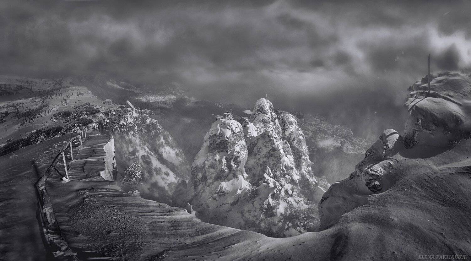 крым,айпетри,гора,черно белый,снег,зима,вершина,белый,облака,туман,солнце,пурга,пейзаж, Elena Pakhalyuk