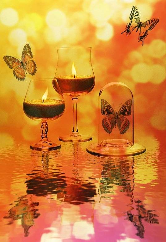 натюрморт, стекло, бокалы, сыпучие свечи, огонь, бабочки, свет, отражение, Ирина Фурашова