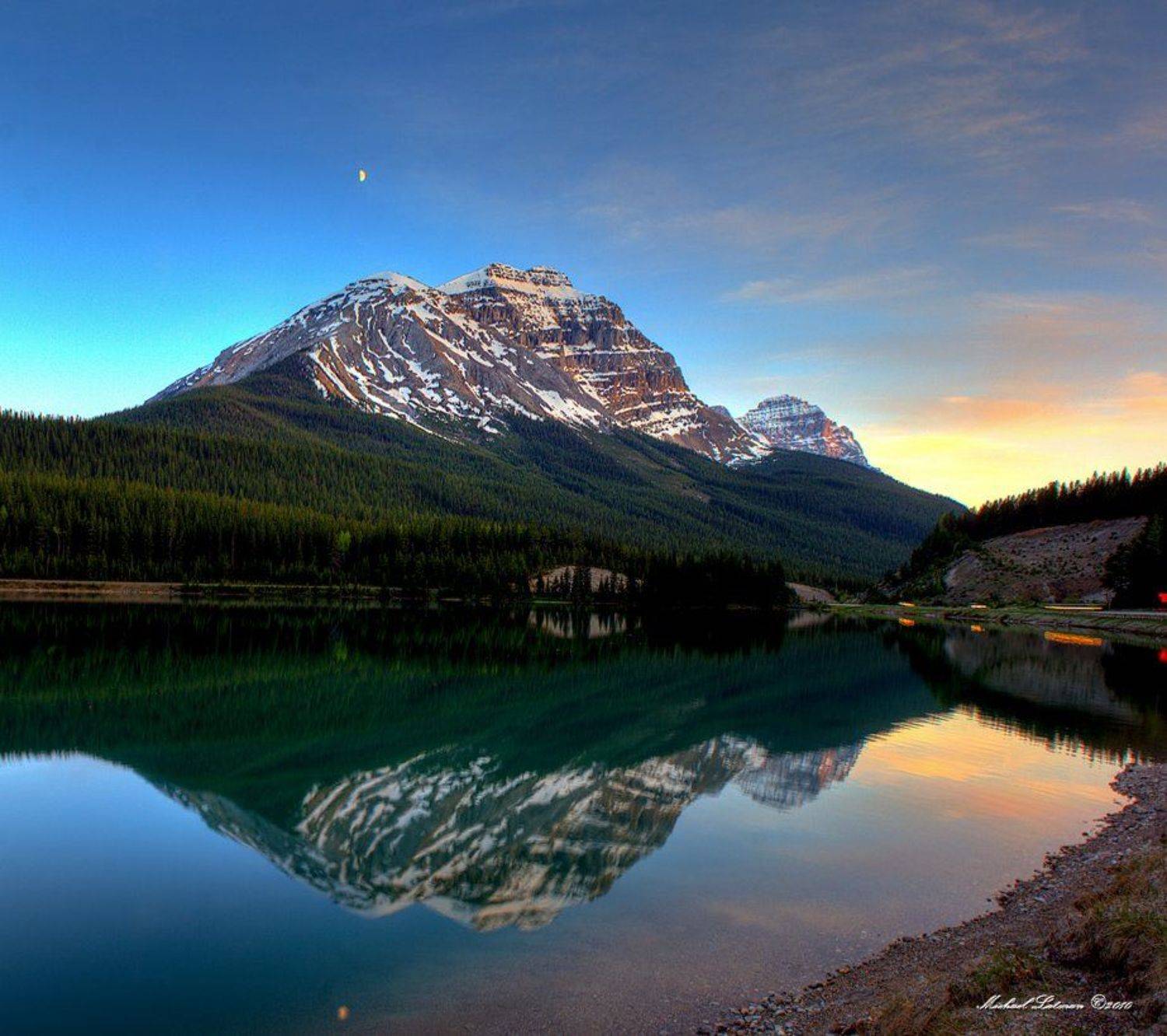mountains, moon, sunset, Michael Latman