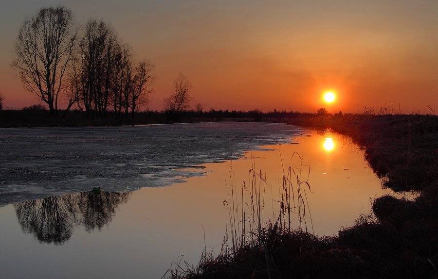 солнце, вечер, закат, озеро, весна, Николай Морский