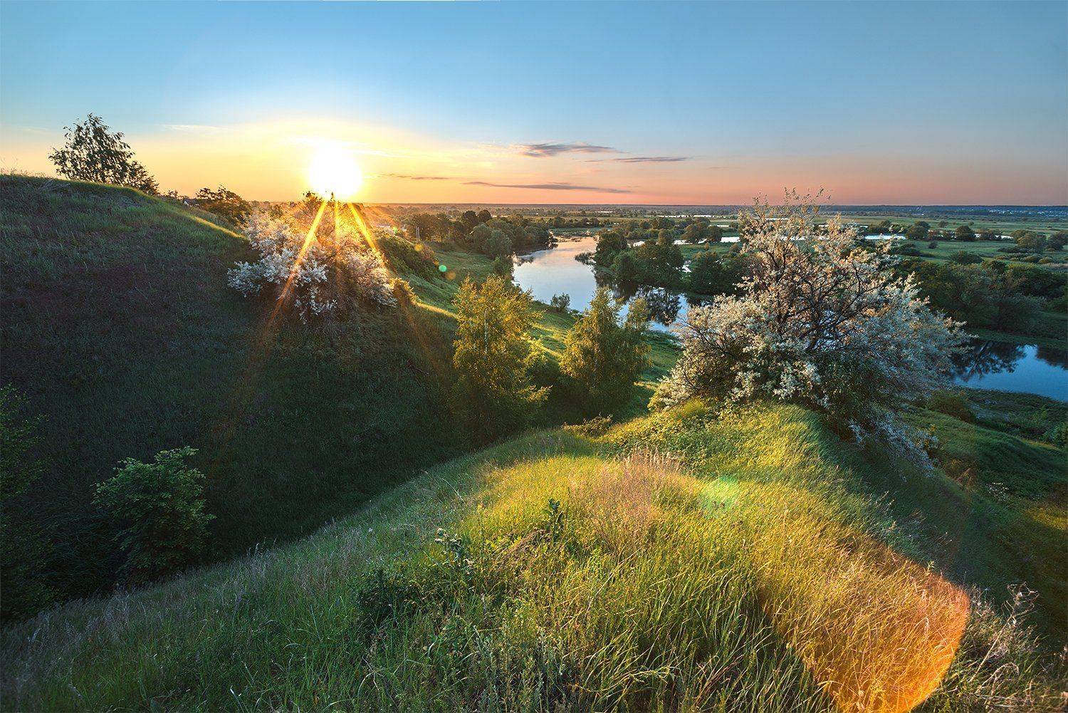 утро,рассвет,река,холмы,зелёная трава, Андрей Cоколов