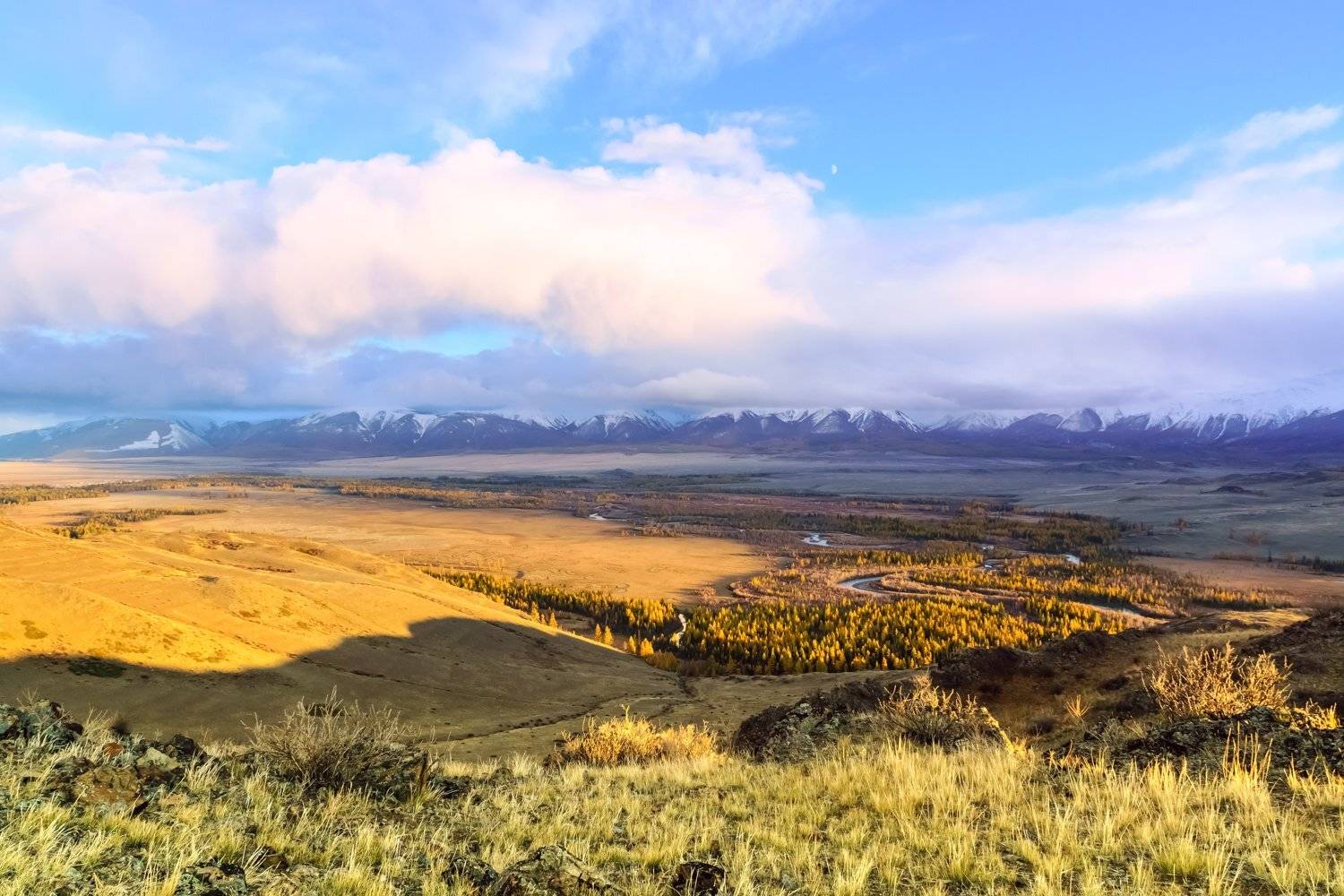 пейзаж, природа, река, горы, закат, степь, Россия, Горный Алтай, небо, облака, Лариса Николаевна Дука