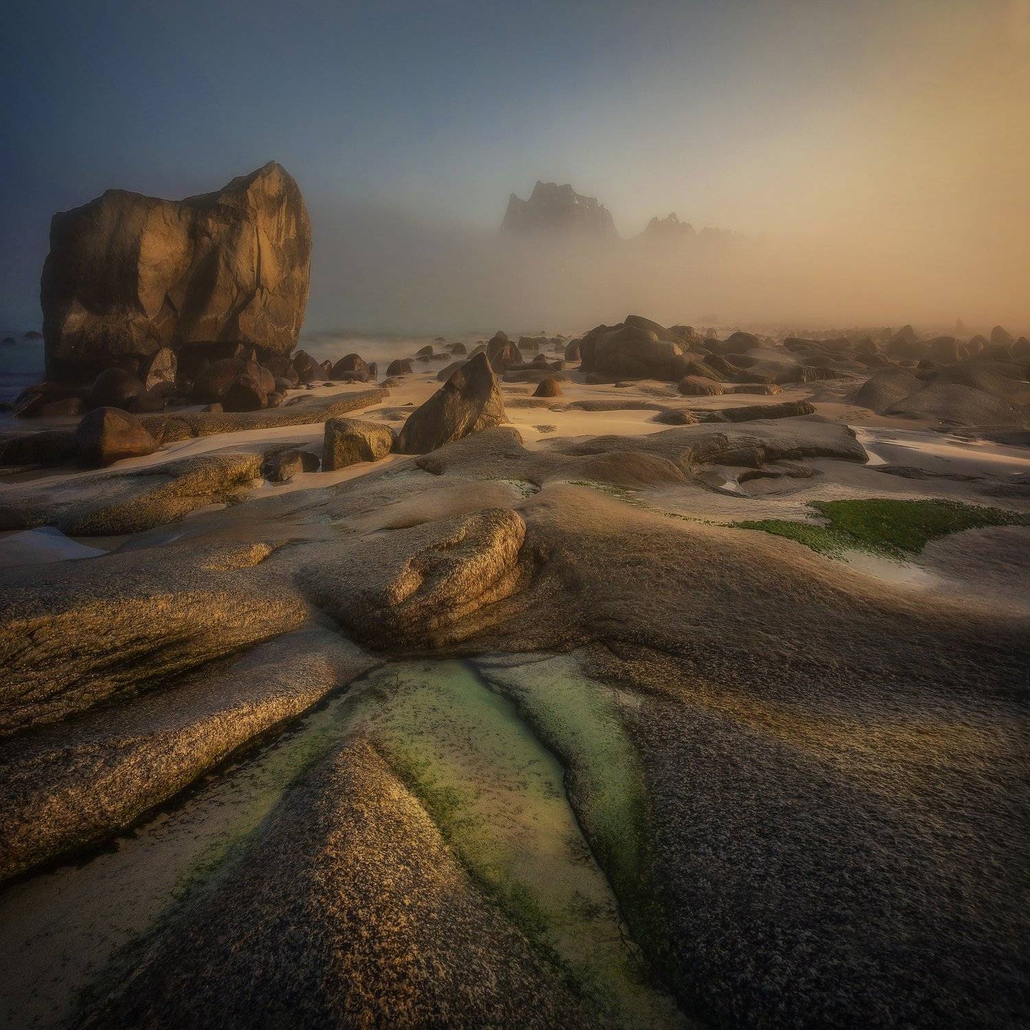 fog, Lofoten, Norway, beach, sea, water, mountains, Utakleiv Beach, Patrycja Towarek