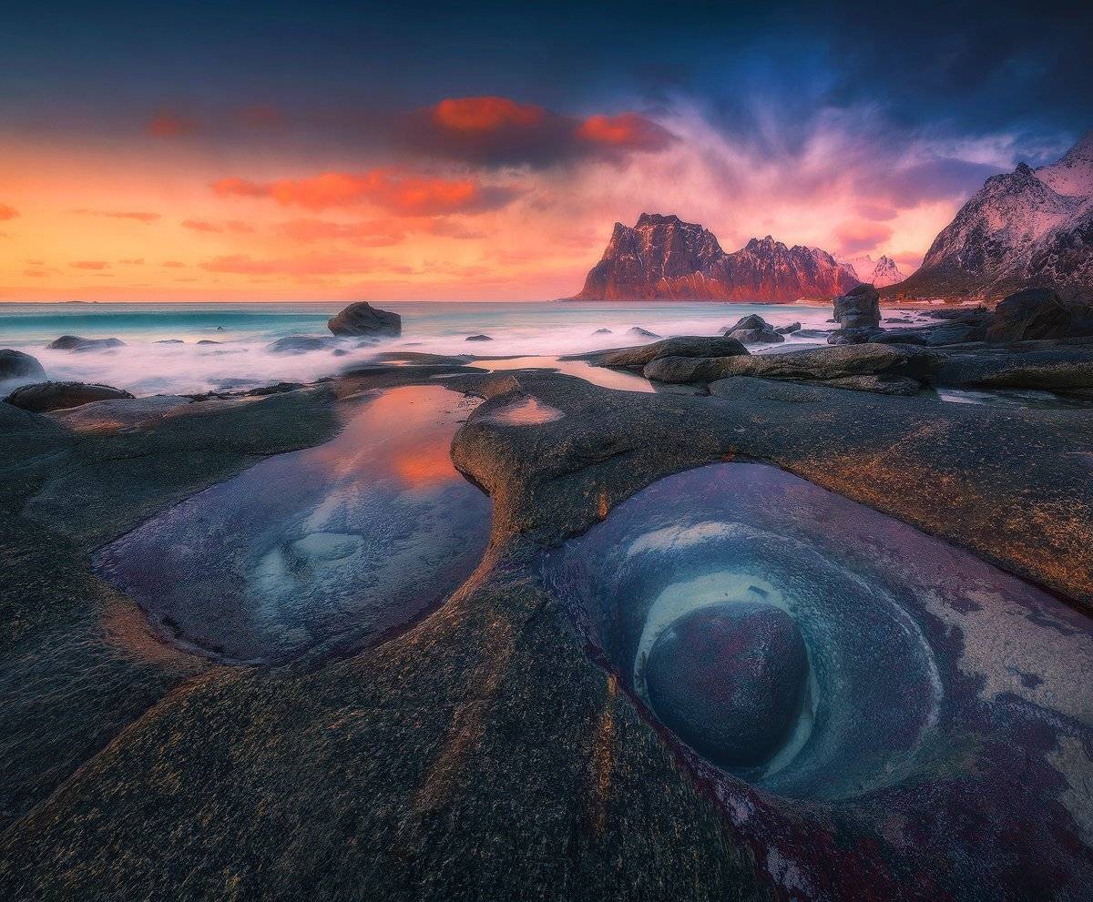 uttakleiv norway landscape seascape mountains sunset clouds sky rocks arctic avocado , Roberto Pavic