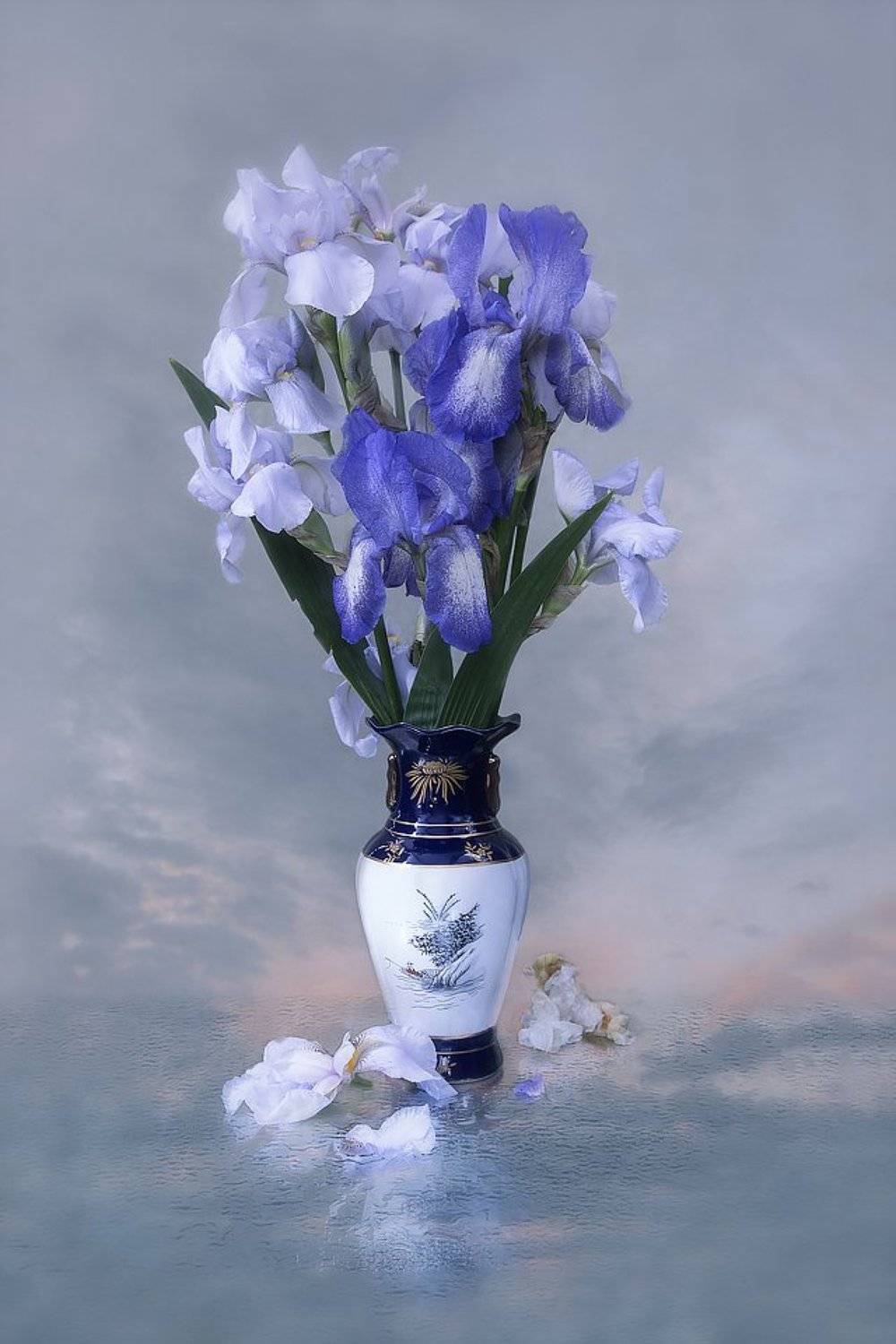 натюрморт, мокрое стекло, цветы, садовые, голубые ирисы, букет, закатное небо, Ирина Приходько