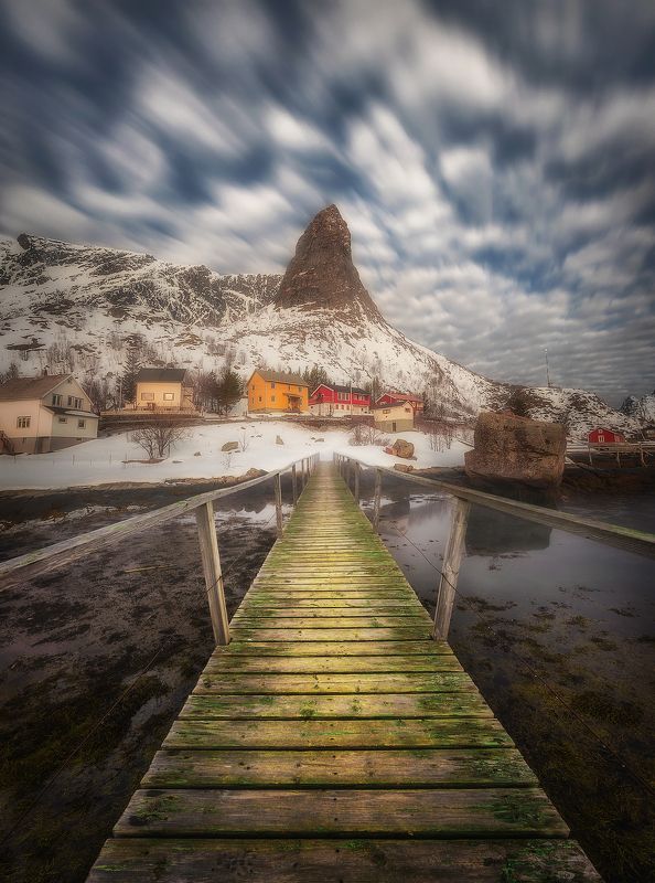 long exposure, clouds, Reine, Lofoten, Norway, fjord, village, bridge, sea, water, mountains, Bridge фото превью
